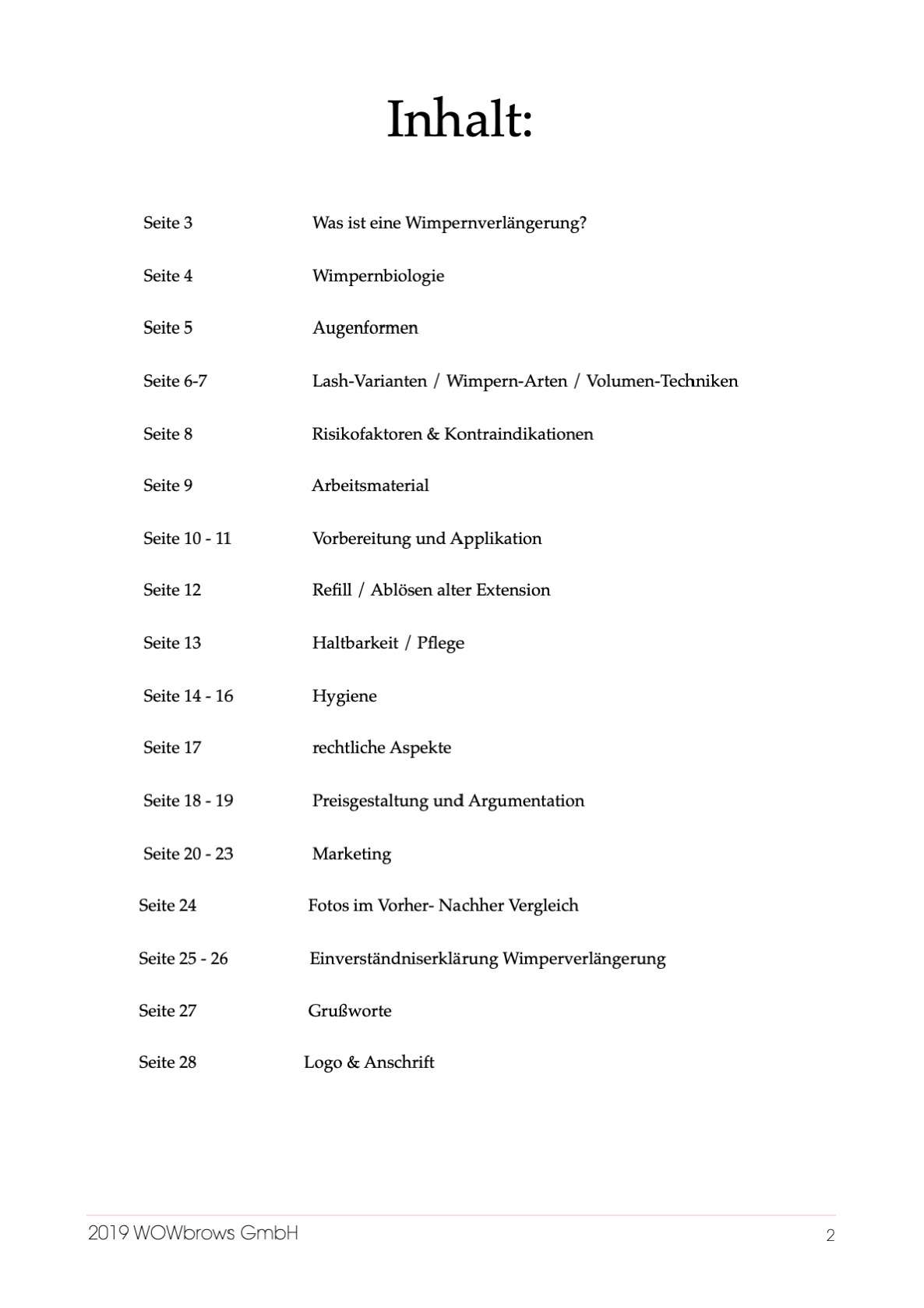 Inhaltsverzeichnis für das Handbuch für Wimpernverlängerung