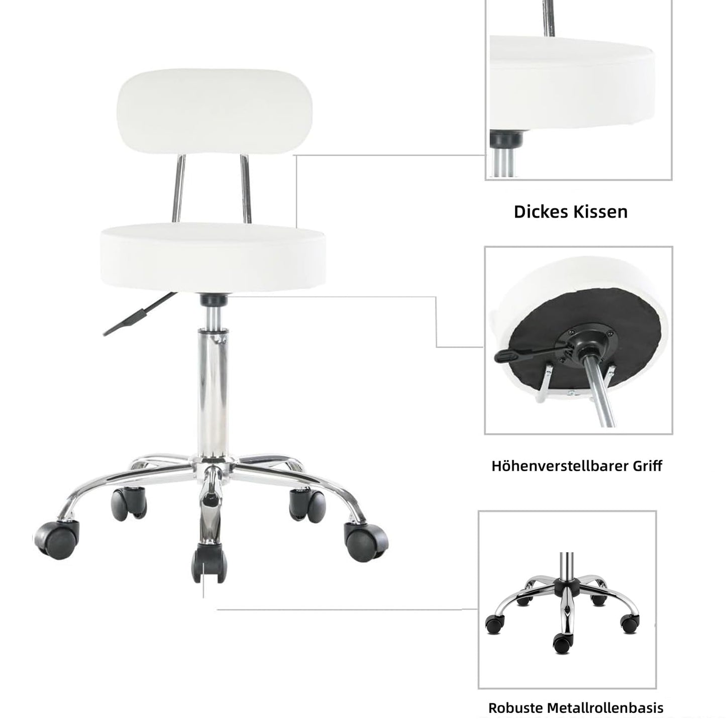 Rollhocker Arbeitshocker Drehhocker Höhenverstellbar 360° Drehbar mit Lehne höhenverstellbar