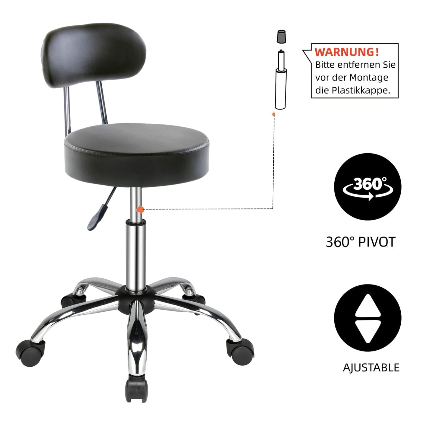 Rollhocker Arbeitshocker Drehhocker Höhenverstellbar 360° Drehbar mit Lehne höhenverstellbar