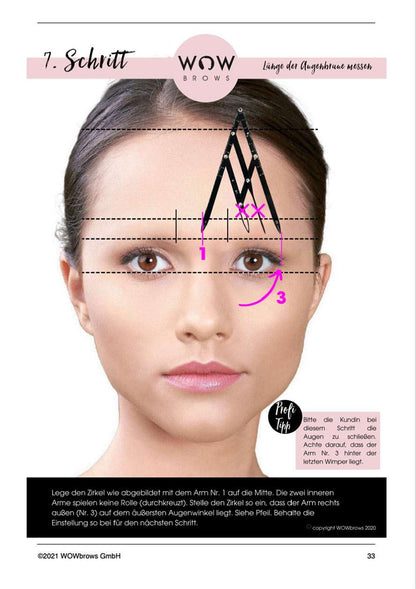 Beispiel für die Schritt für Schritt Anleitung bei der Vermessung des Gesichtes aus dem Microblading Buch