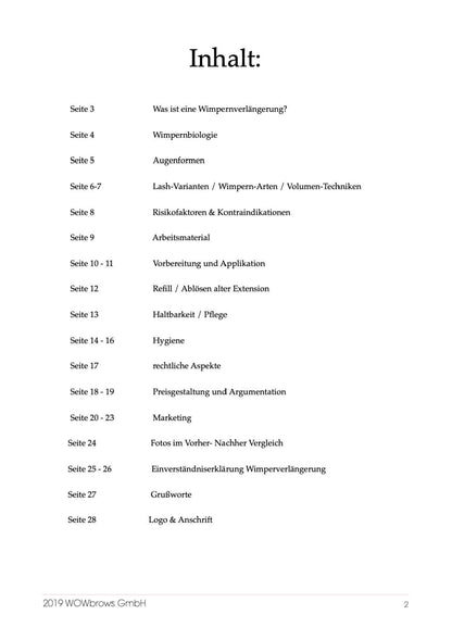 Inhaltsverzeichnis für das Handbuch für Wimpernverlängerung
